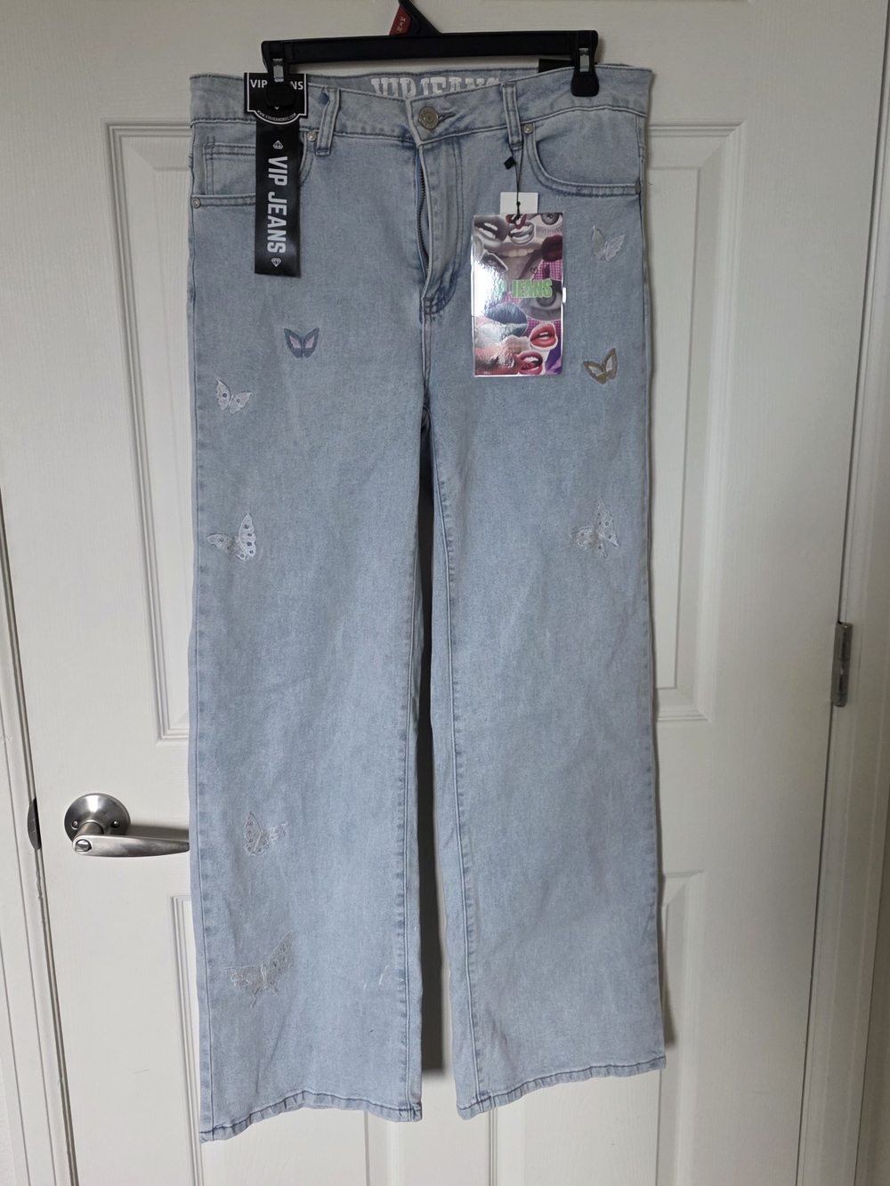 V.I.P. Jeans Women's Butterfly Embroidered Wide Leg Jeans - NWT Size 13/14